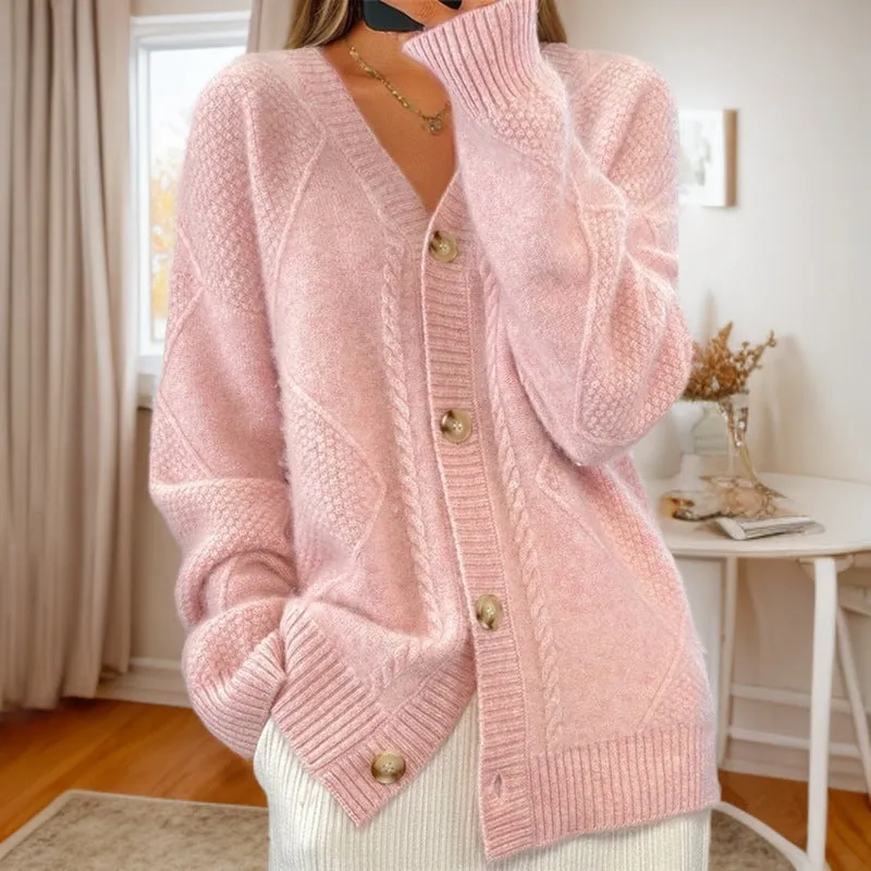 Button-Down Jacquard Long-Sleeved V-Neck Knitted Cardigan