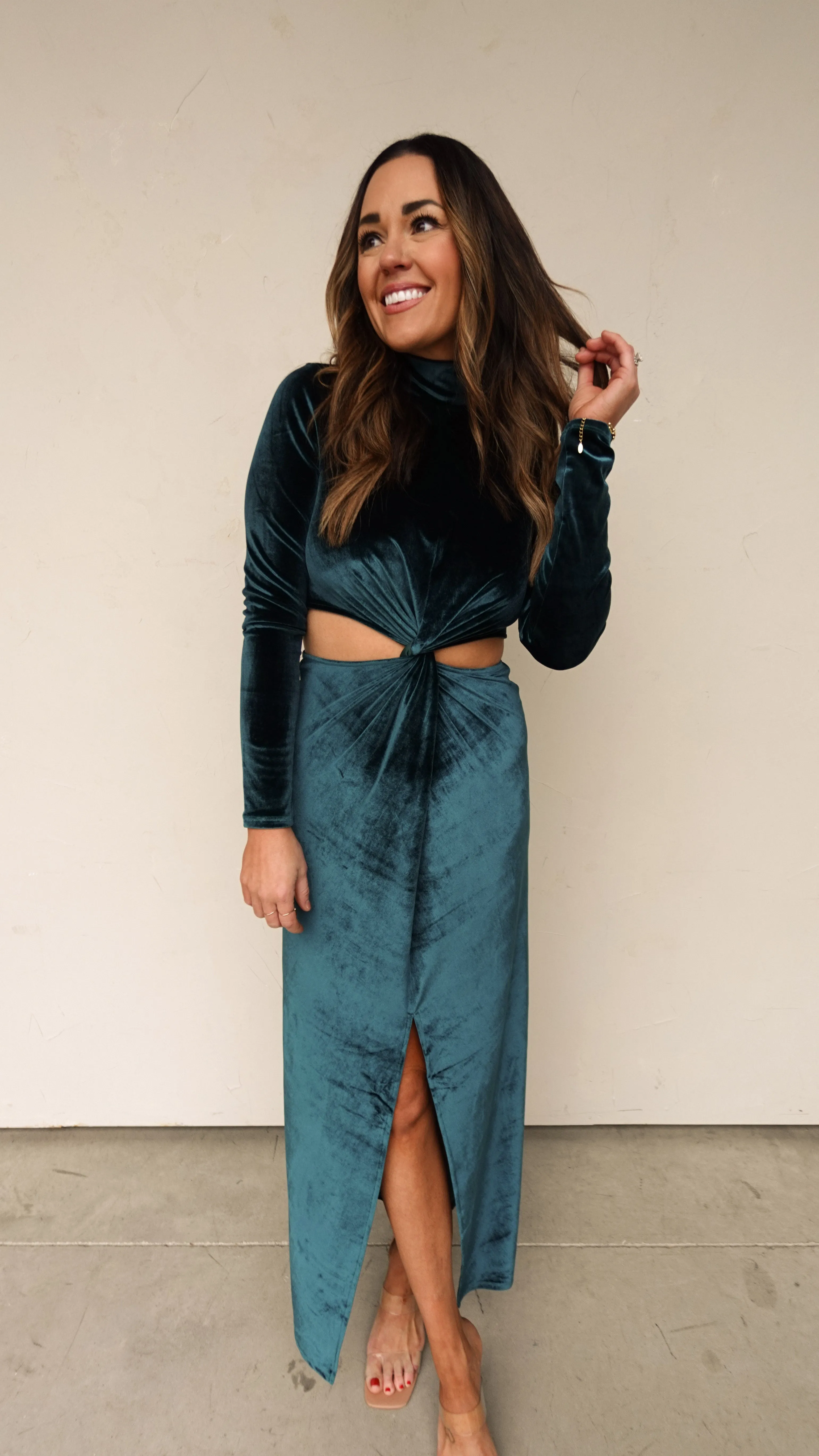 Emerald Green Velvet Long Sleeve Dress