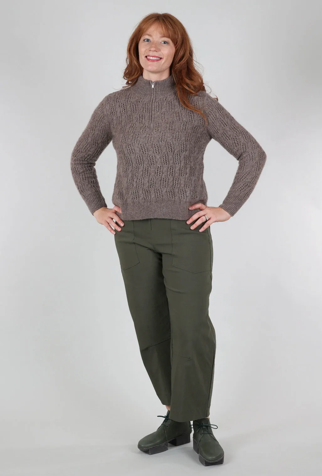 Pointelle Half-Zip Sweater, Hazelnut