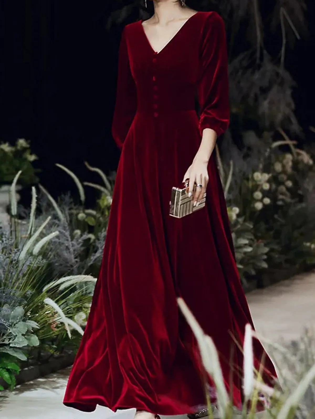 Velvet Evening Gown with Three Quarter Sleeves